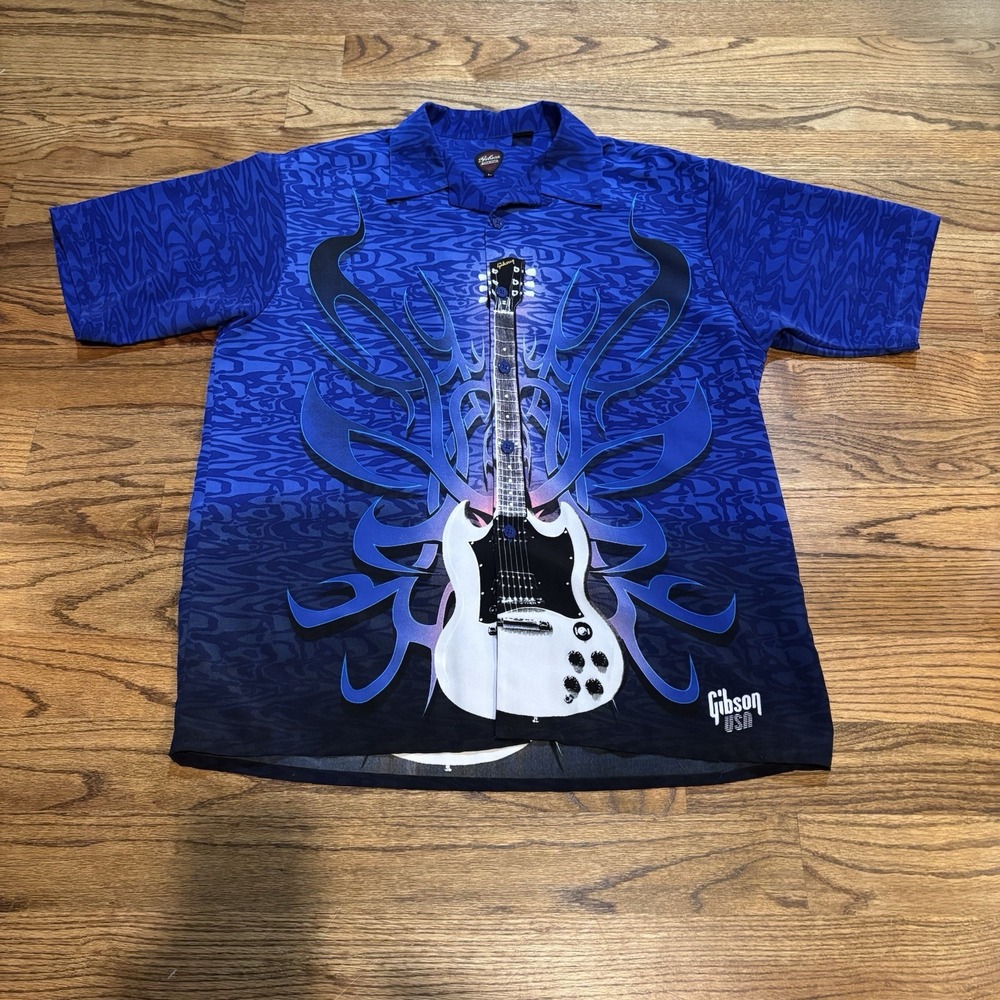 Gibson Mens Tour Wear Guitar Hawaiian Shirt Short‎ Sleeve Size Large Blue